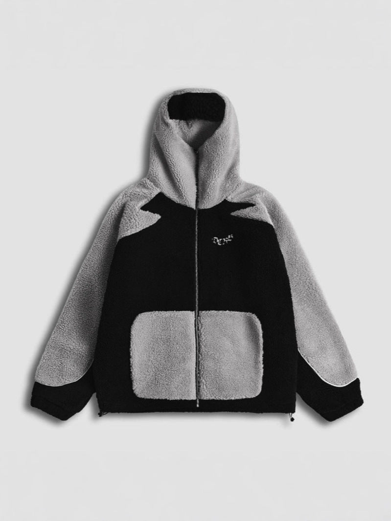 Plush Contrast Color Hooded Zip Jacket