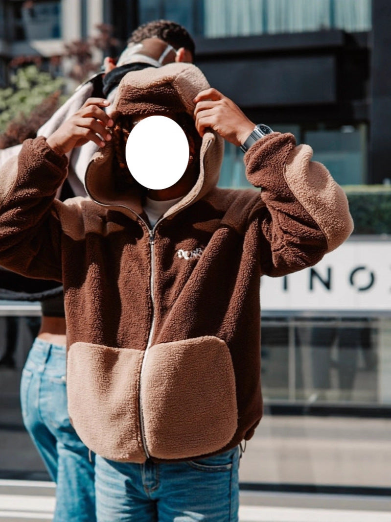 Plush Contrast Color Hooded Zip Jacket