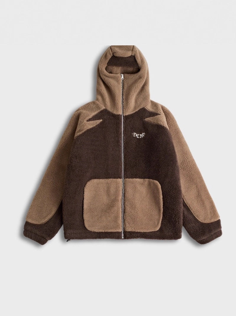 Plush Contrast Color Hooded Zip Jacket