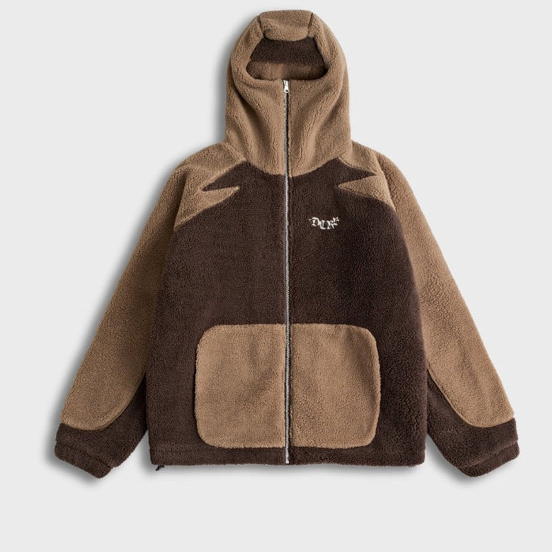 Plush Contrast Color Hooded Zip Jacket