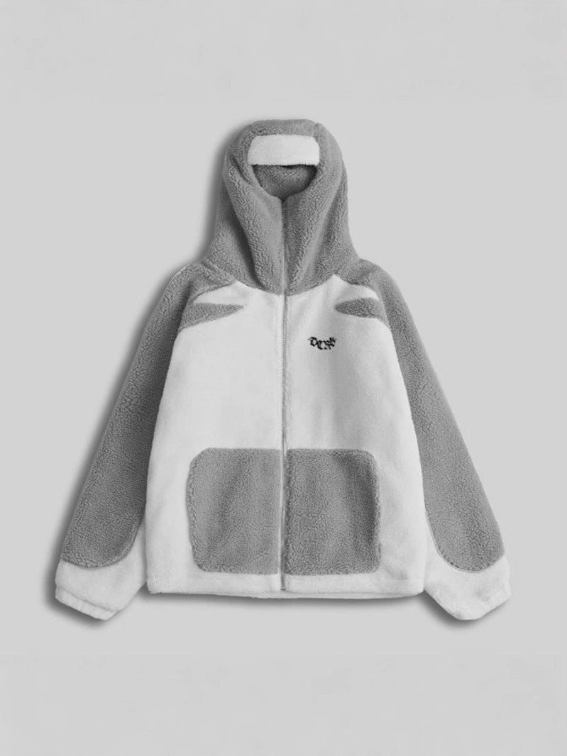 Plush Contrast Color Hooded Zip Jacket