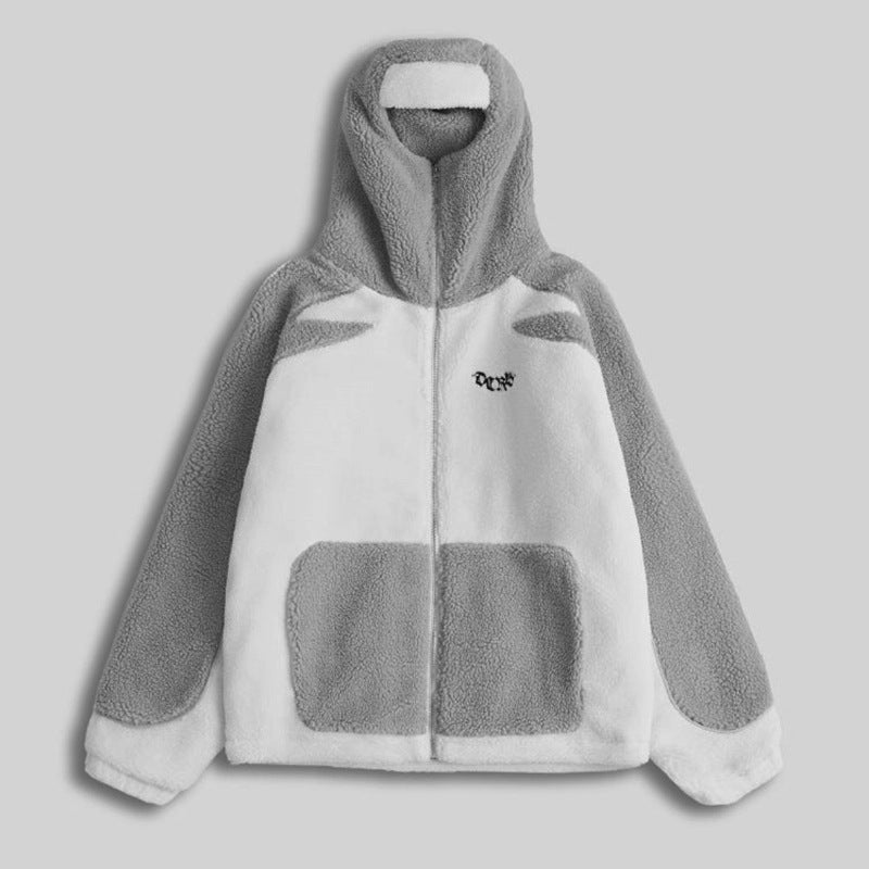 Plush Contrast Color Hooded Zip Jacket