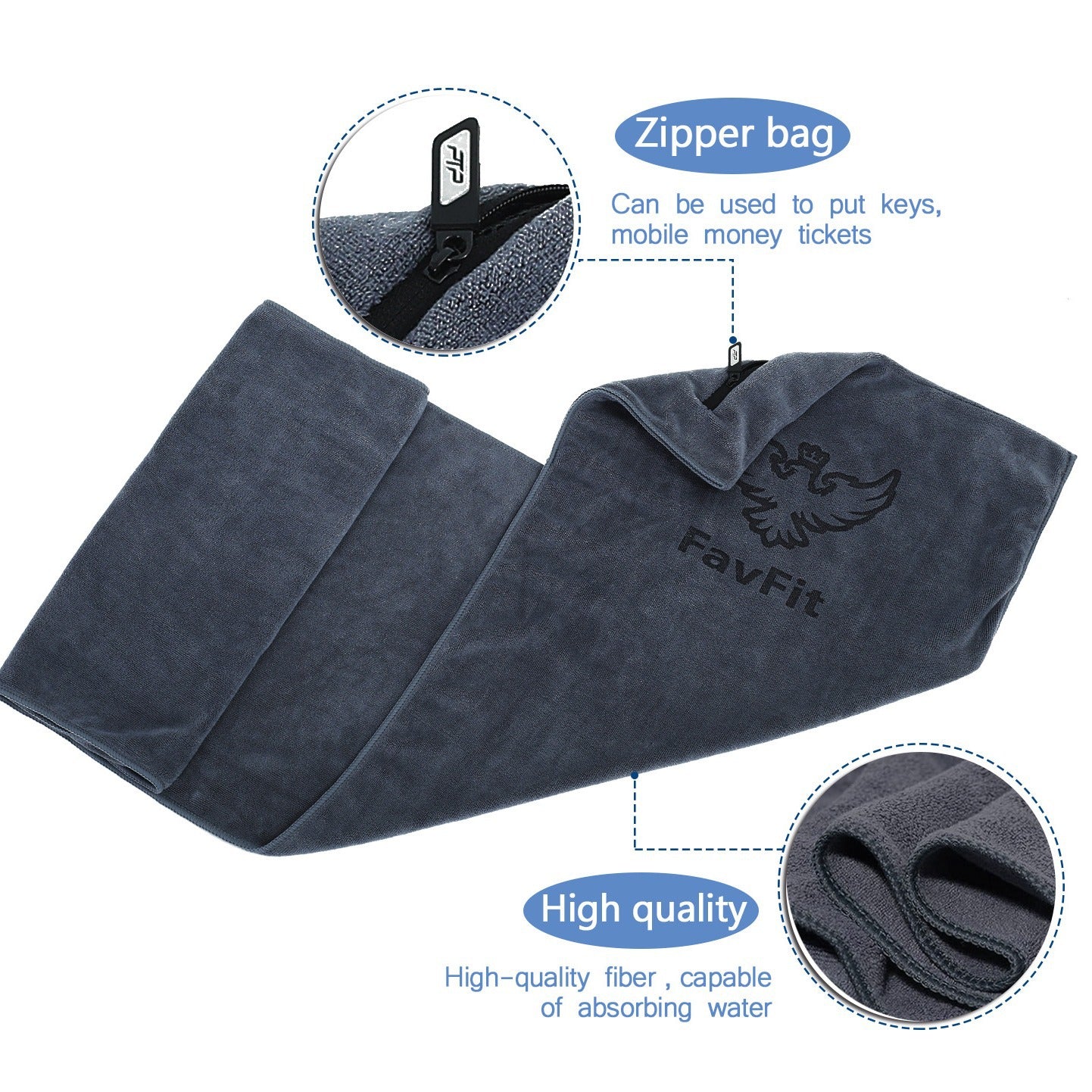Fitness towel with zipper pocket