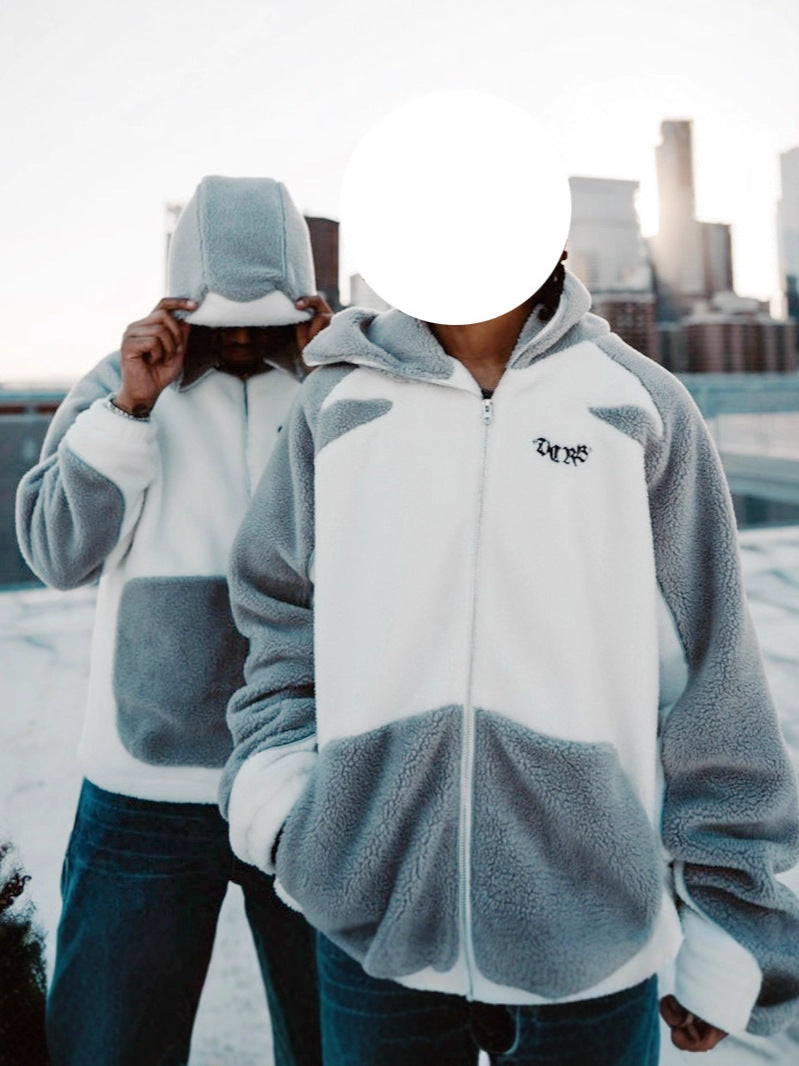 Plush Contrast Color Hooded Zip Jacket